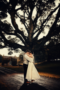 bride and groom next to an ancient tree